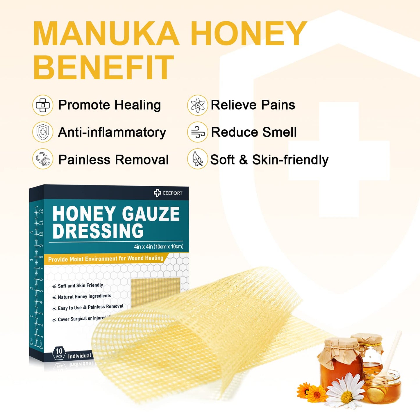 Ceeport Honey Gauze Wound Dressing, 4" x 4" Manuka Honey Wound Care, Medical Grade Honey Bandages for Wound Care, Honey Patch for Burns, Abrasions, Cuts and Scalds (Pack of 10)