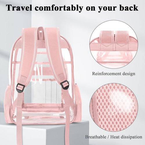 KIMNERPU Clear Backpack, Heavy Duty PVC Transparent Backpack with Reinforced Straps, See Through Multiple Pockets Large Capacity Bookbag for Concert Sport Event Work Security Travel Festival (Pink)