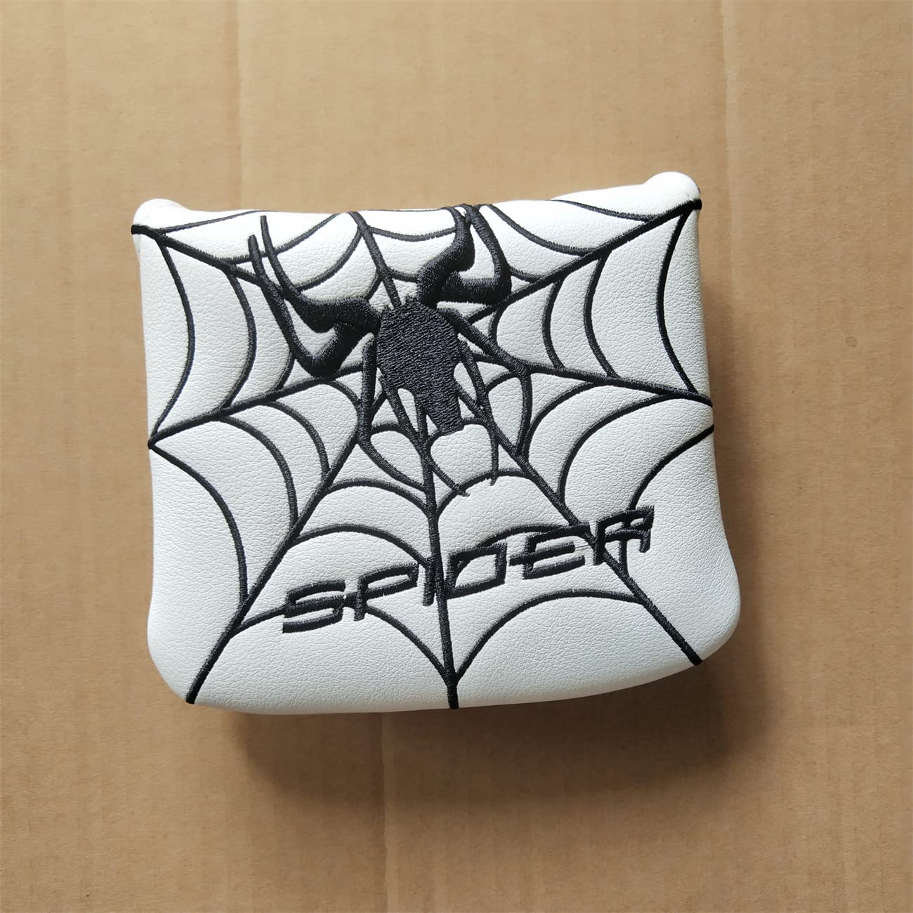 White with Black Spider Embroidery Golf Putter Cover Magnetic Square Mallet Golf Club Headcover