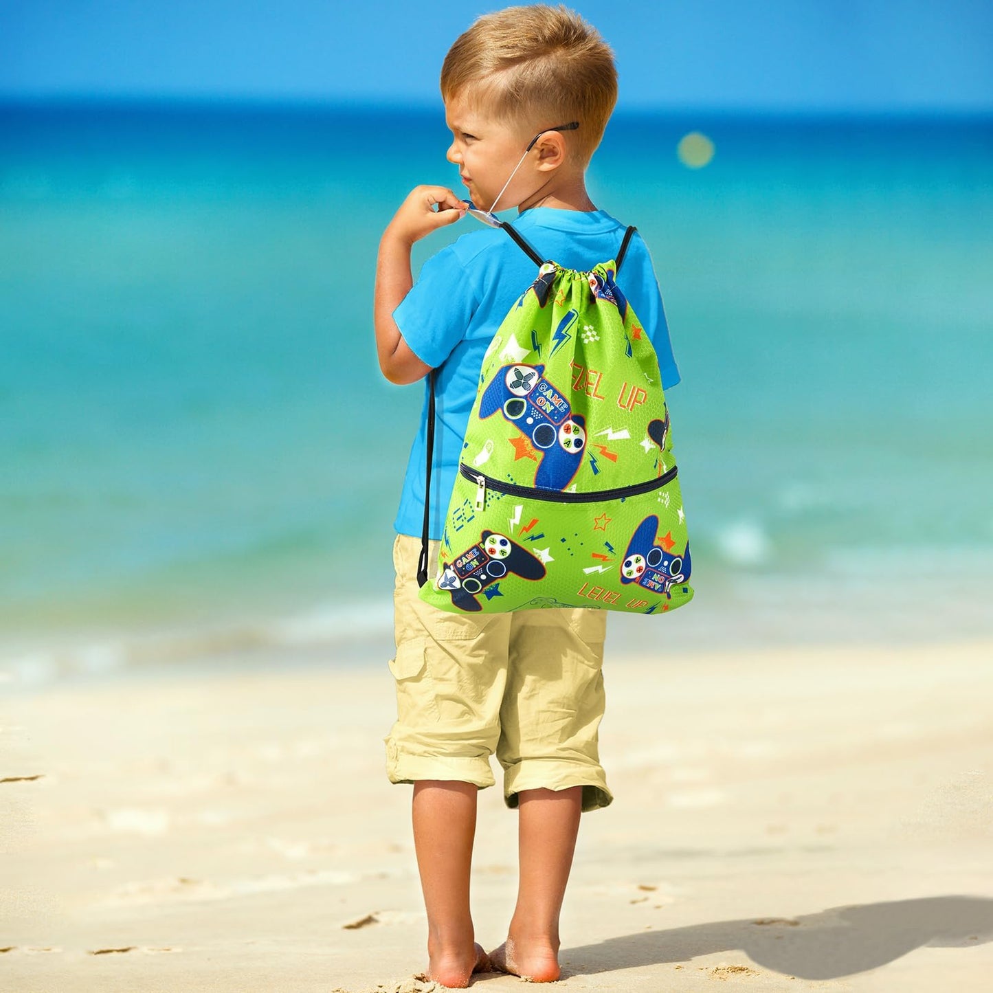 WAWSAM Game Kids Drawstring Backpack Waterproof, Gym Swim Bag Cinch Bag for Boys Kids Waterproof Beach Bag Draw String Bags, Back to School Birthday Gift with Zippered Pocket