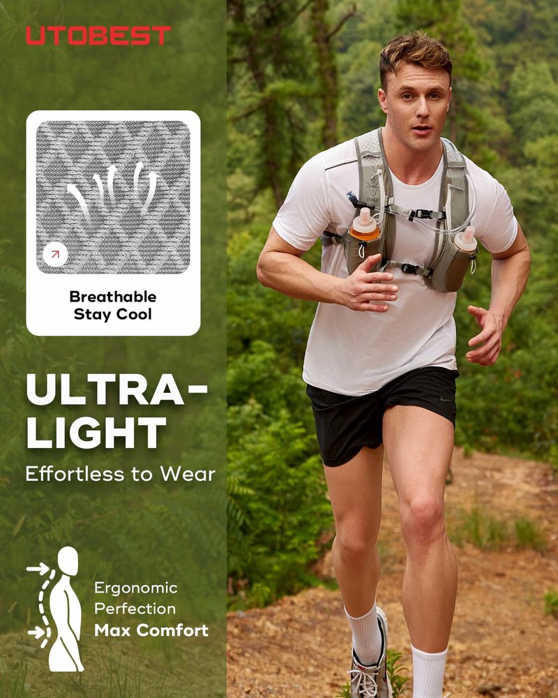 UTOBEST Running Vest, 5L Hydration Vest Lightweight, Running Backpack with 2 x Soft Flask, Adjustable Running Hydration Vest for Trail Running Marathon Race Jogging Cycling Gray