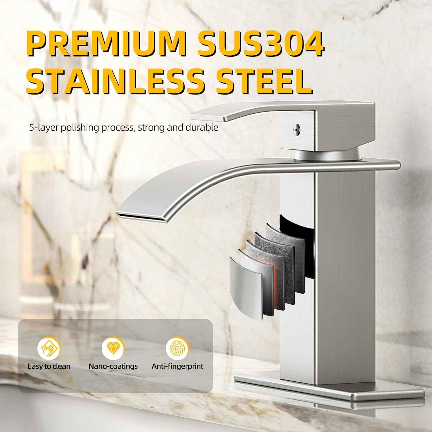 Modern Brushed Gold Bathroom Faucet with Waterfall Spout & Pop-Up Drain - Single Handle Vanity Sink Faucet