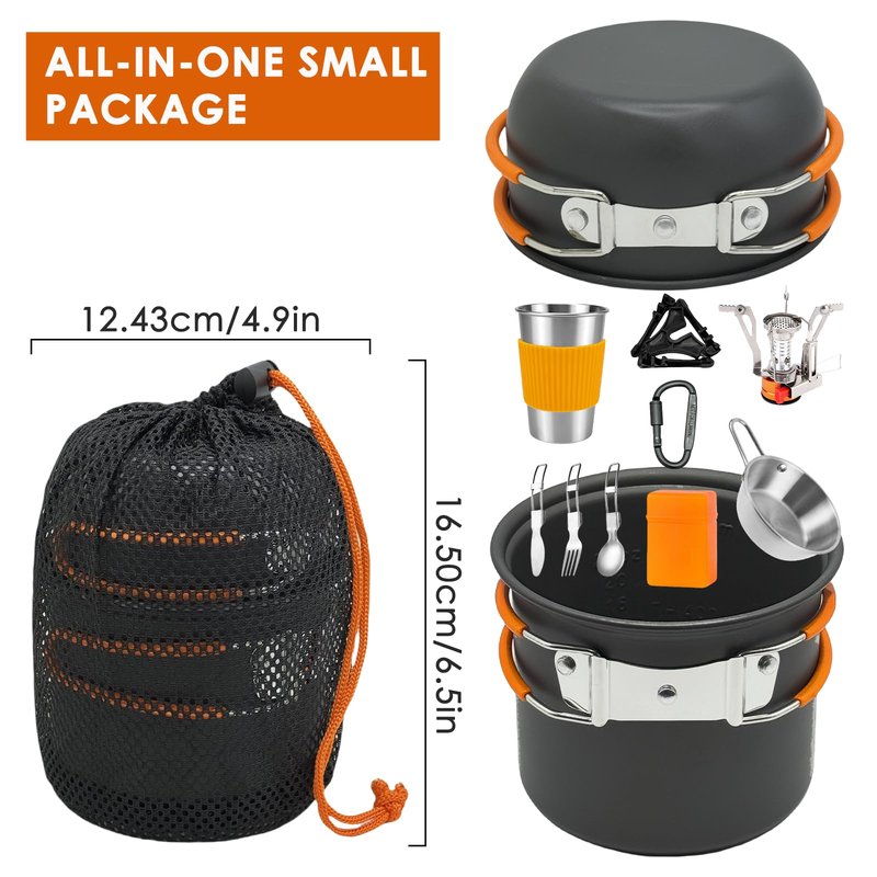 JUSFANE 10Pcs Camping Cookware Mess Kit - 1.2L & 0.6L Camping Pots with Stove, Forks Knives Spoons, Sierra Cup, Canister Stand and 16Oz Stainless Steel Cup for Backpacking, Hiking, Outdoor Cooking