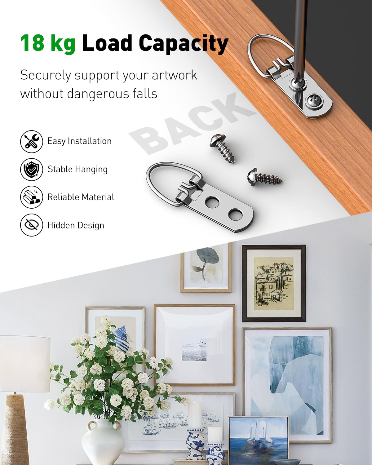 Uniclife 60 Pcs D Ring Picture Hangers with Screws, 40 lb Load Heavy Duty Picture Hanging Hardware, Double Holes Picture Hooks, D Rings for Picture Frame Hanging, D Hooks for Paintings Mirrors Clocks