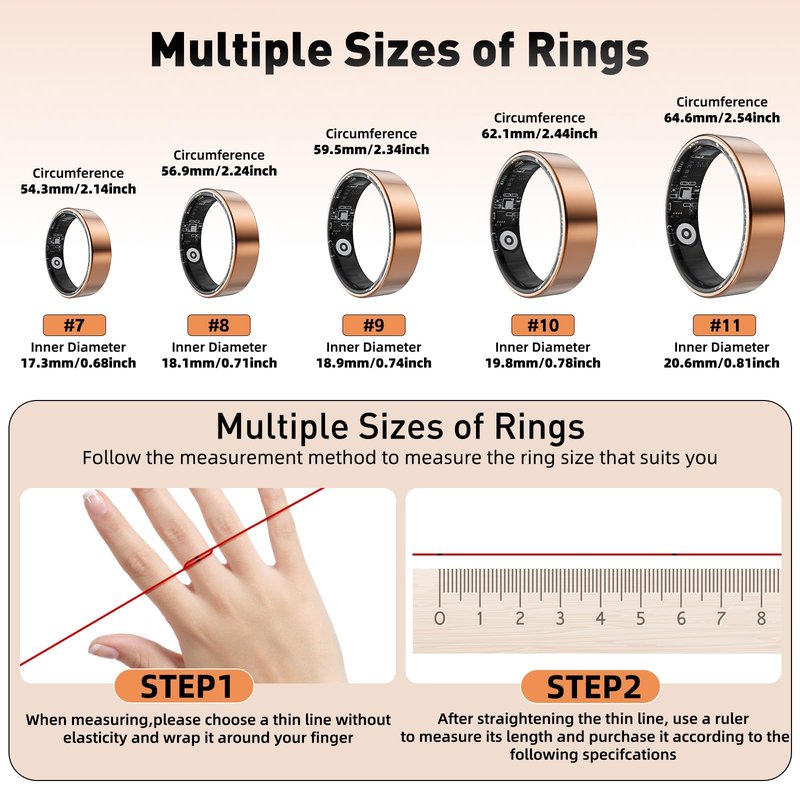 Smart Ring with Sleep Monitoring, Step Counting, Heart Rate, Blood Oxygen, Blood Pressure for iPhone and Android, No Subscription Fee, IP68 Waterproof Health Tracker (Black, 7)