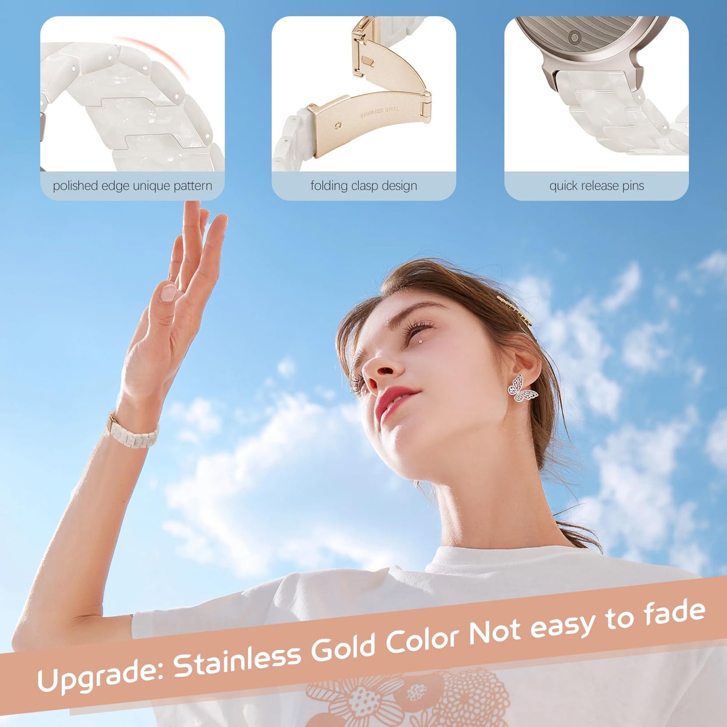 Compatible with Garmin Lily 2 Active Watch Band Resin, 14mm Wristband Bracelet Replacement Strap for Lily 2/2 Classic/2 Active Smart Watch Accessory for Women with Stainless Steel Buckle, Pearl White