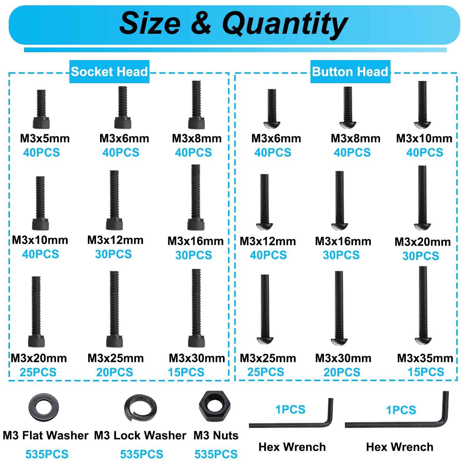 Bemaka 2135PCS Black M3 Metric Screw Assortment Kit, 5-35mm Button Head Screws and Socket Head Screws Bolts Nuts Washers Kit, 10.9 & 12.9 Grade Alloy Steel, M3 Bolts for 3D Printing