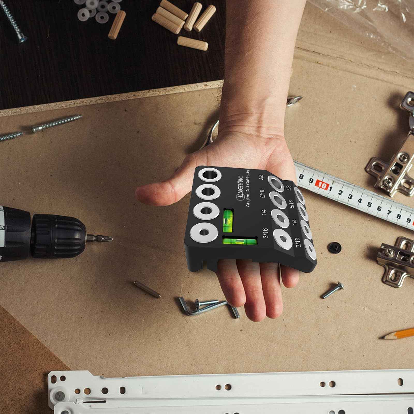 ENGYNC 30 45 90 Degree Angled Drill Guide Jig with 2 Torpedo Level, 4 Sizes Portable Drilling Hole Guide Jig for Straight and Angle Stairs Handrail, Cable Railing, Deck, Wood Post Level Design