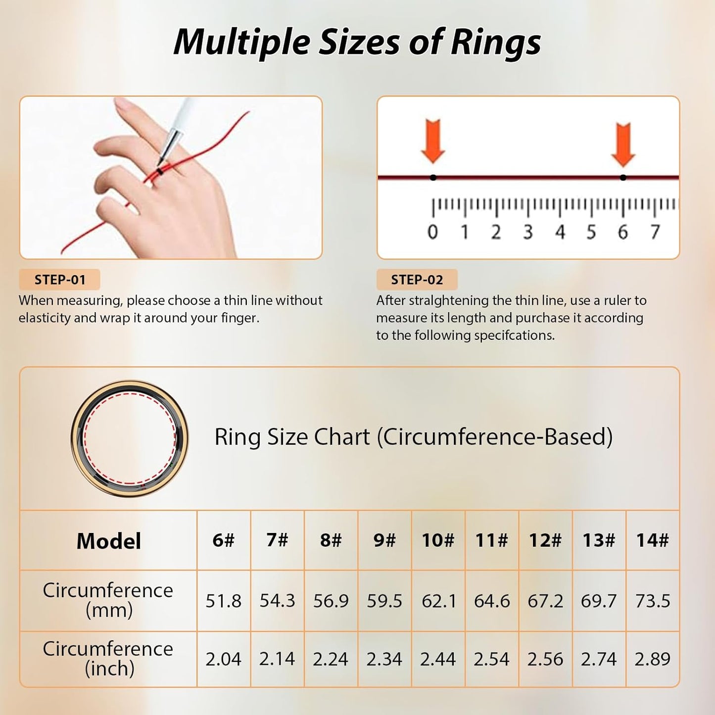 Skiennix Smart Health Ring - Fitness Tracker with Heart Rate, Blood Oxygen & Sleep Monitoring | IP68 Waterproof (Gold, Size 8)
