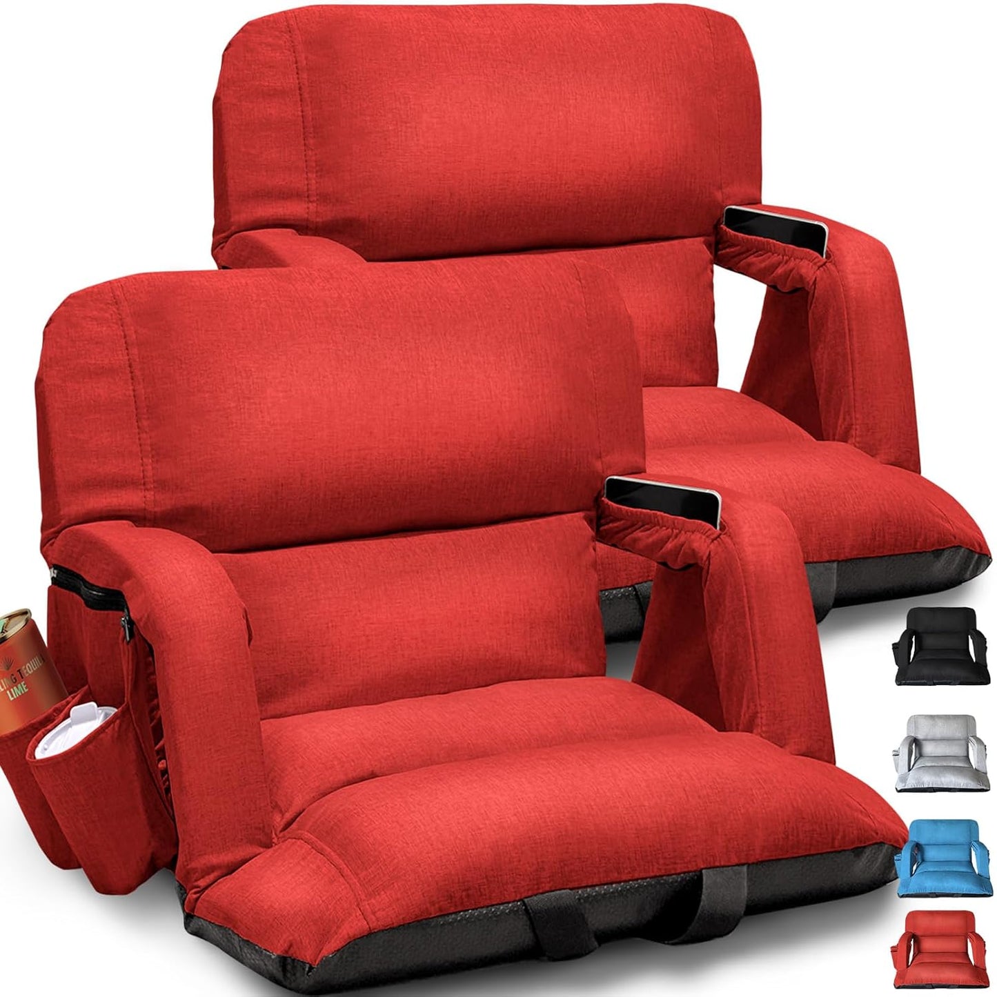 Skiennix Wide Stadium Seats - Extra Thick Bleacher Chairs With Back Support & Cushion | 6 Reclining Positions, Red (22.5")