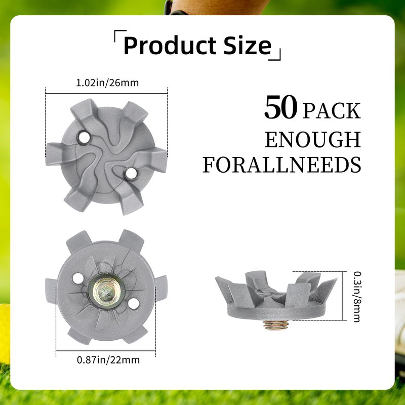 51PCS Golf Shoe Spikes Set, 50 Golf Shoe Cleats with 1 Black Spanner, 6 mm Metal Thread Screw, for Use on Lawns or Course(Grey)
