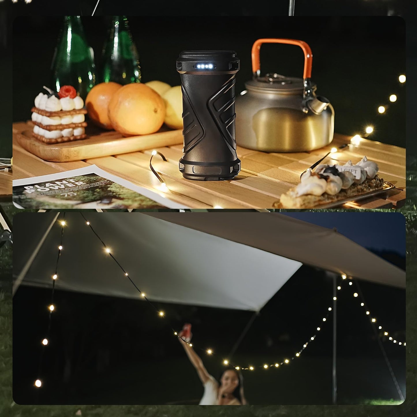 SANBEN Camping String Lights Rechargeable - 33Ft Quick Storage Portable Tent Lights with 6 Modes, Battery Operated Waterproof Hanging LED Lamp for Patio Garden Party Camping Essentials