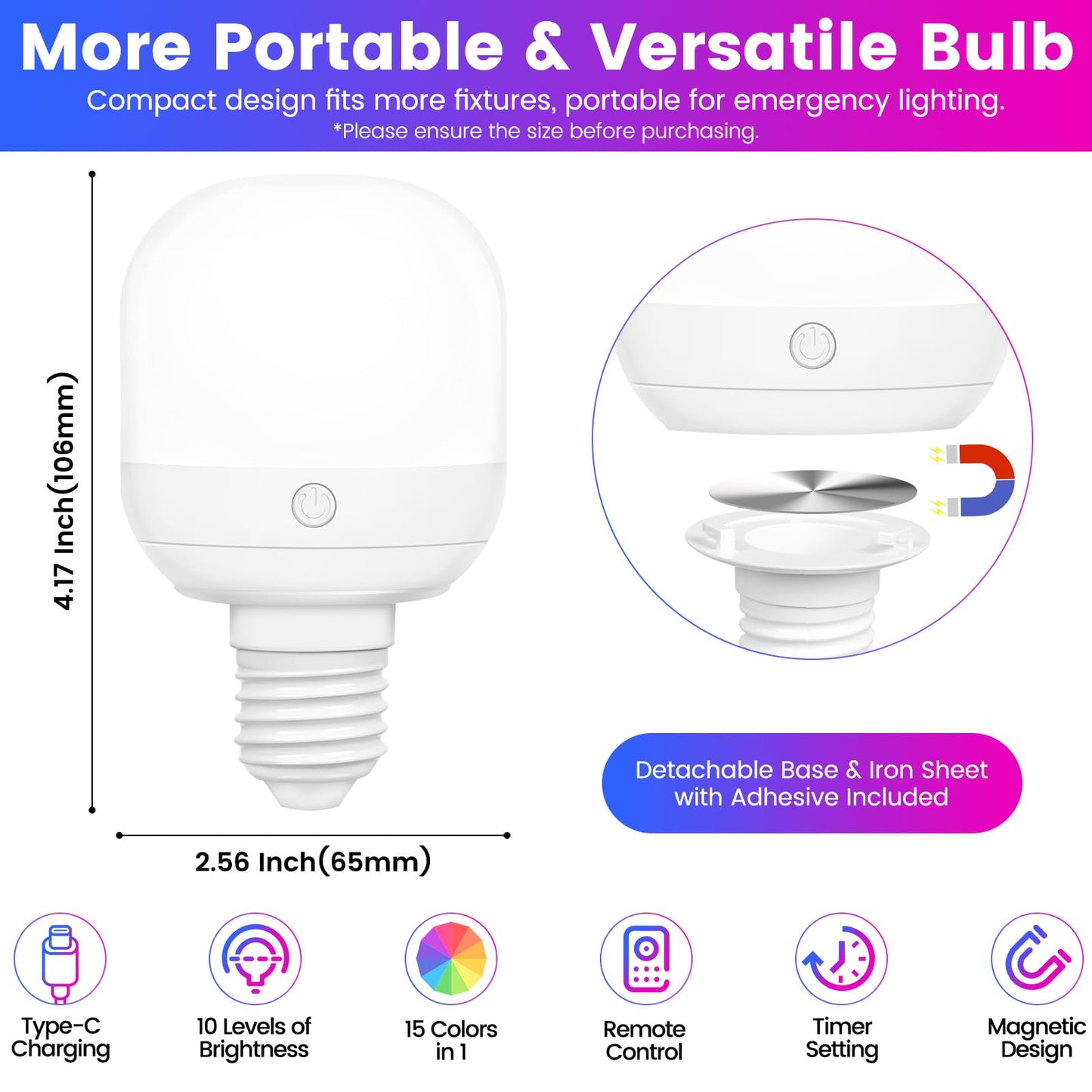 Yochoice 2-Pack Rechargeable Battery Operated Light Bulb with Remote Control, E26 Battery Powered Dimmable Light Bulb with 3 Color Temperatures + 12 RGB Colors, Detachable LED Bulb for Wall Sconce