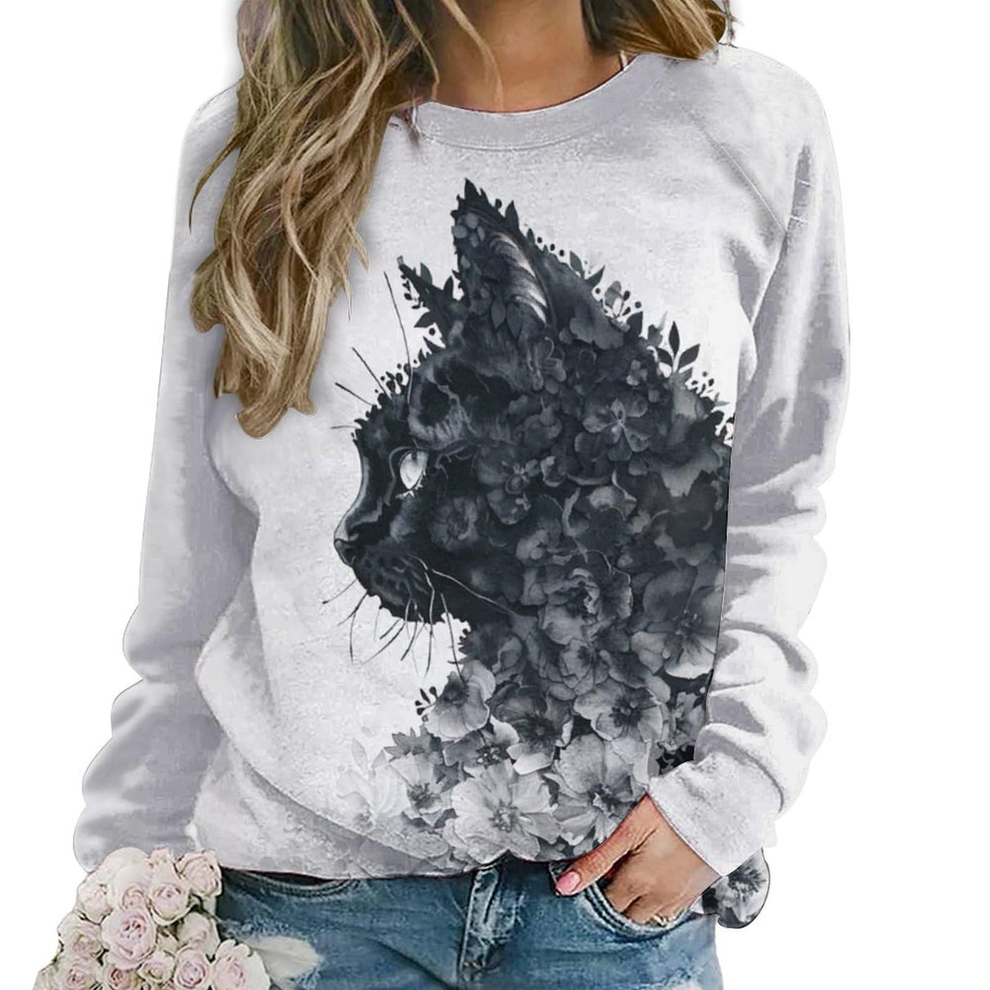 domirica Oversized Sweaters for Women Cute Cat Print Long Sleeve Cotton Oversized Casual Crewneck Warm Sweatshirts Winter Pullover Comfy Westren Fashion Funny Undershirts,L