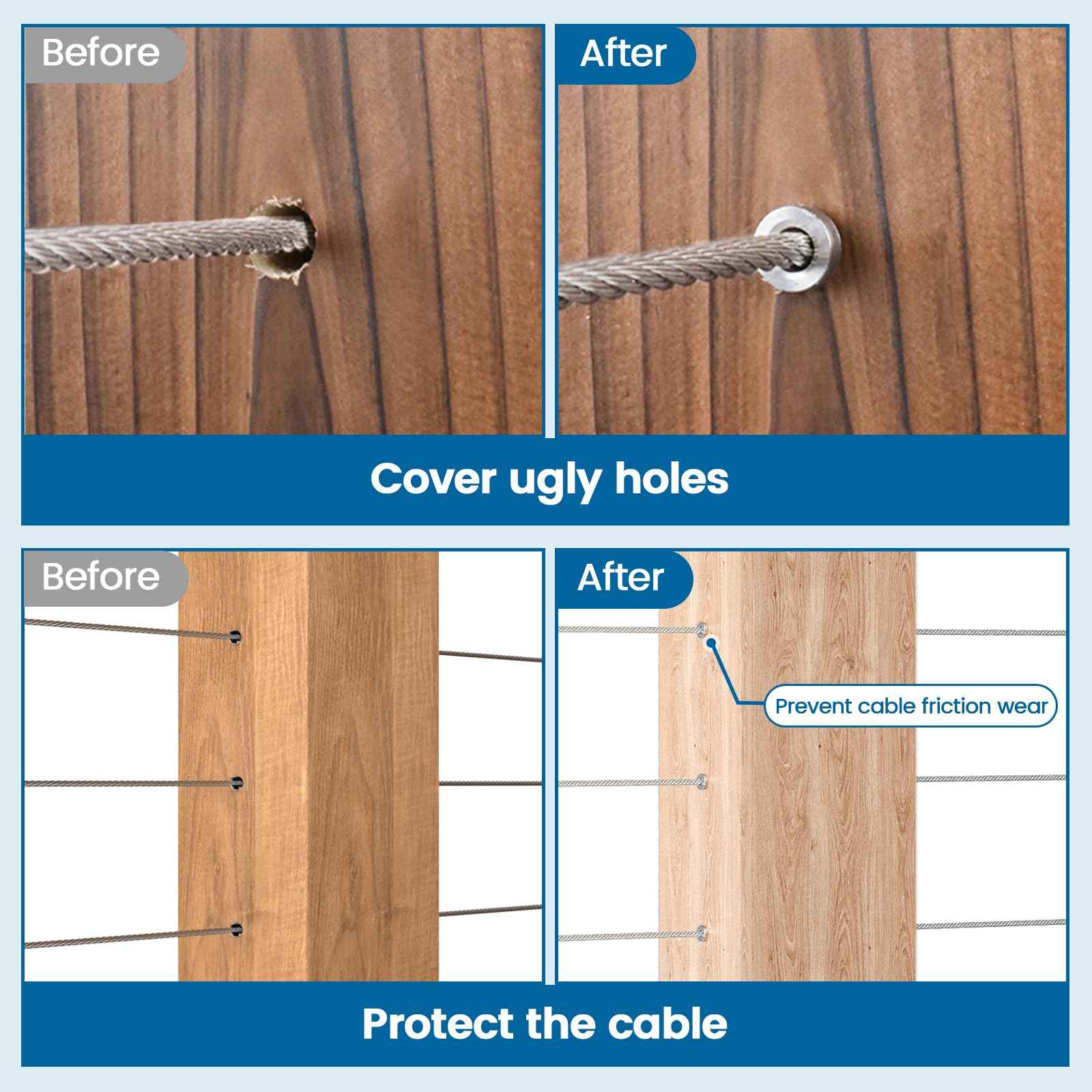 Muzata 50 Pack 1/8" Cable Railing Protector Sleeves T316 Stainless Steel Protective Sleeves Deck Cable Railing Hardware Kit with 2 Spare for Wood Posts CR13