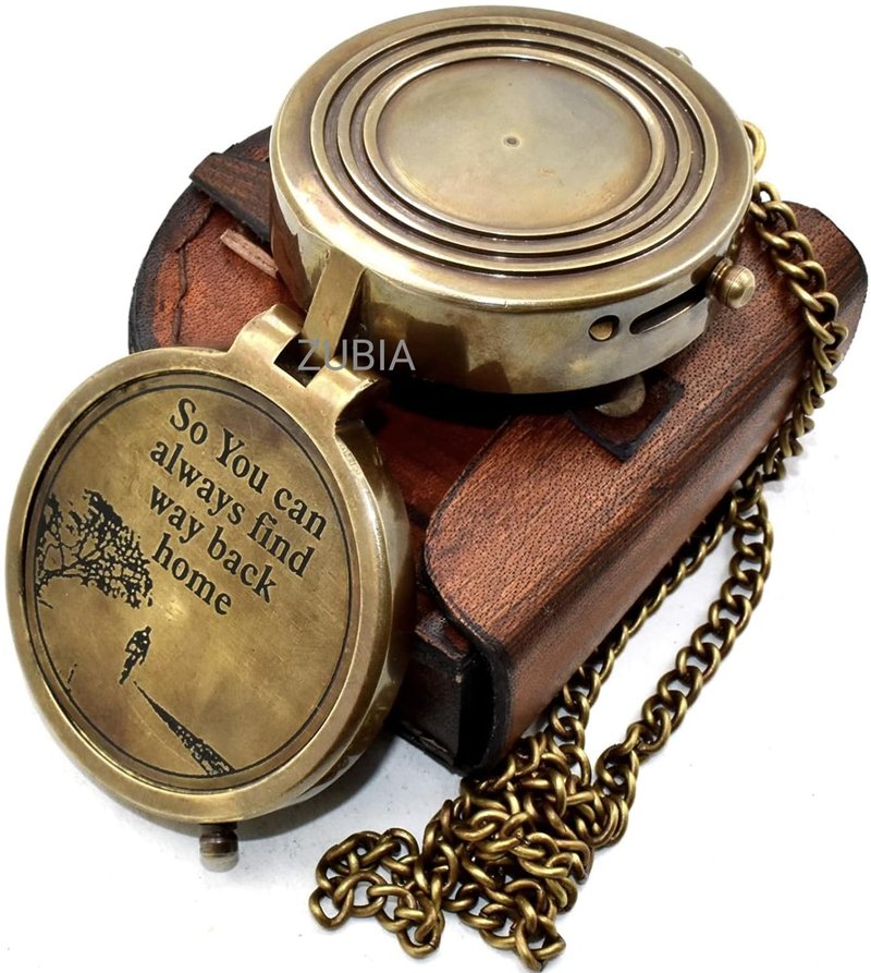 Engraved Brass Pocket Compass with Leather Case – “So You Can Always Find Your Way Back Home” – Vintage Compass for Hiking, Camping, Travel – 2x2x1 Inch