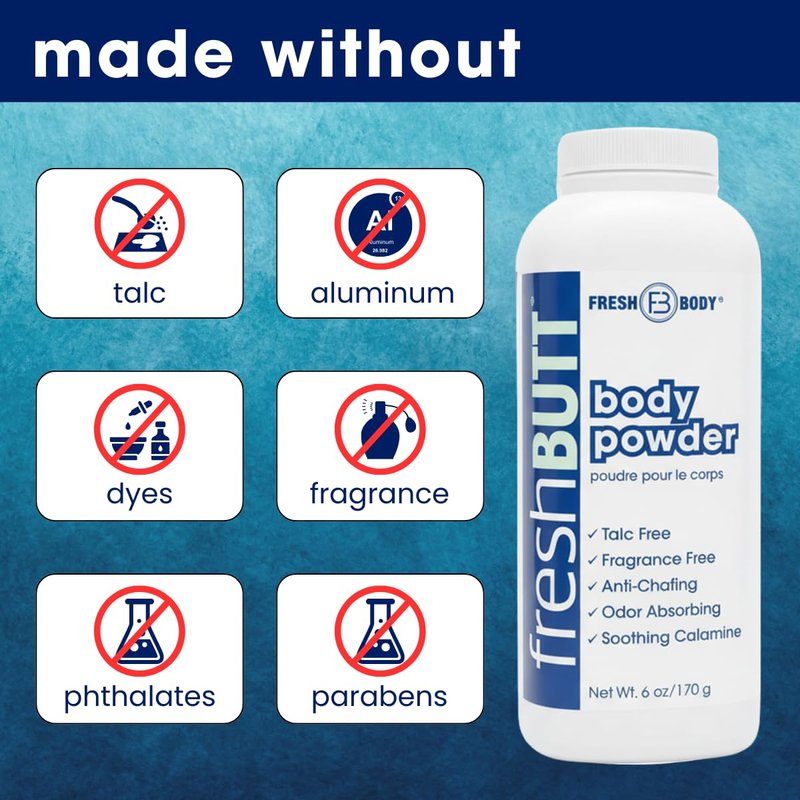 Fresh Butt Body Powder for Men and Women - Unscented Deodorant Powder, Anti-Chafing, Talc-Free, 6oz (Pack of 2)