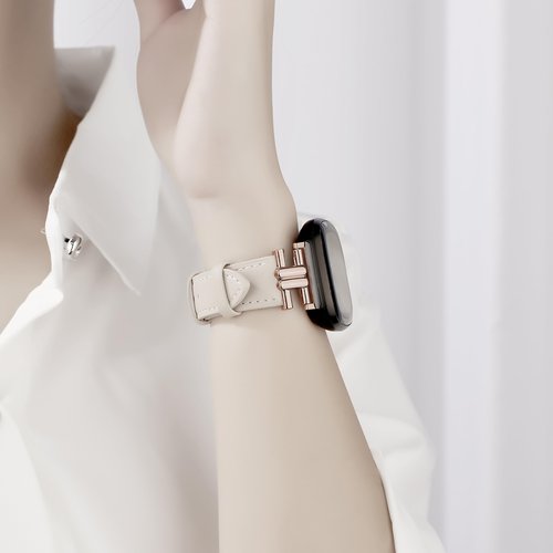 Leather Band Compatible with Fitbit Versa 4/Sense 2 Bands for Women, Dressy Slim Leather Strap Wristband Compatible with Fitbit Sense/Versa 3 luxurious Metal Buckle (Beige/Rose Gold)