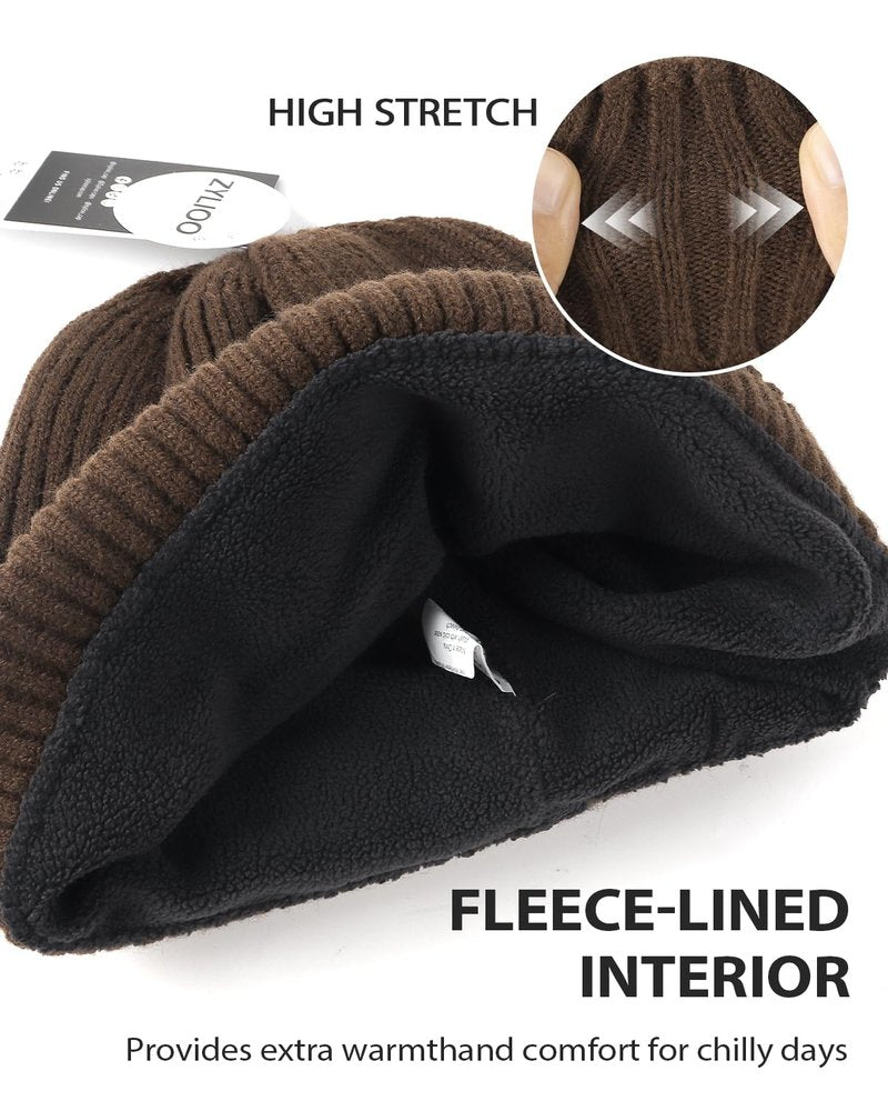 Zylioo XXL Oversize Warm Lined Knit Hat,Large Size Stretchy Winter Ski Hats,Cold Weather Cuffed Beanie Skull Cap