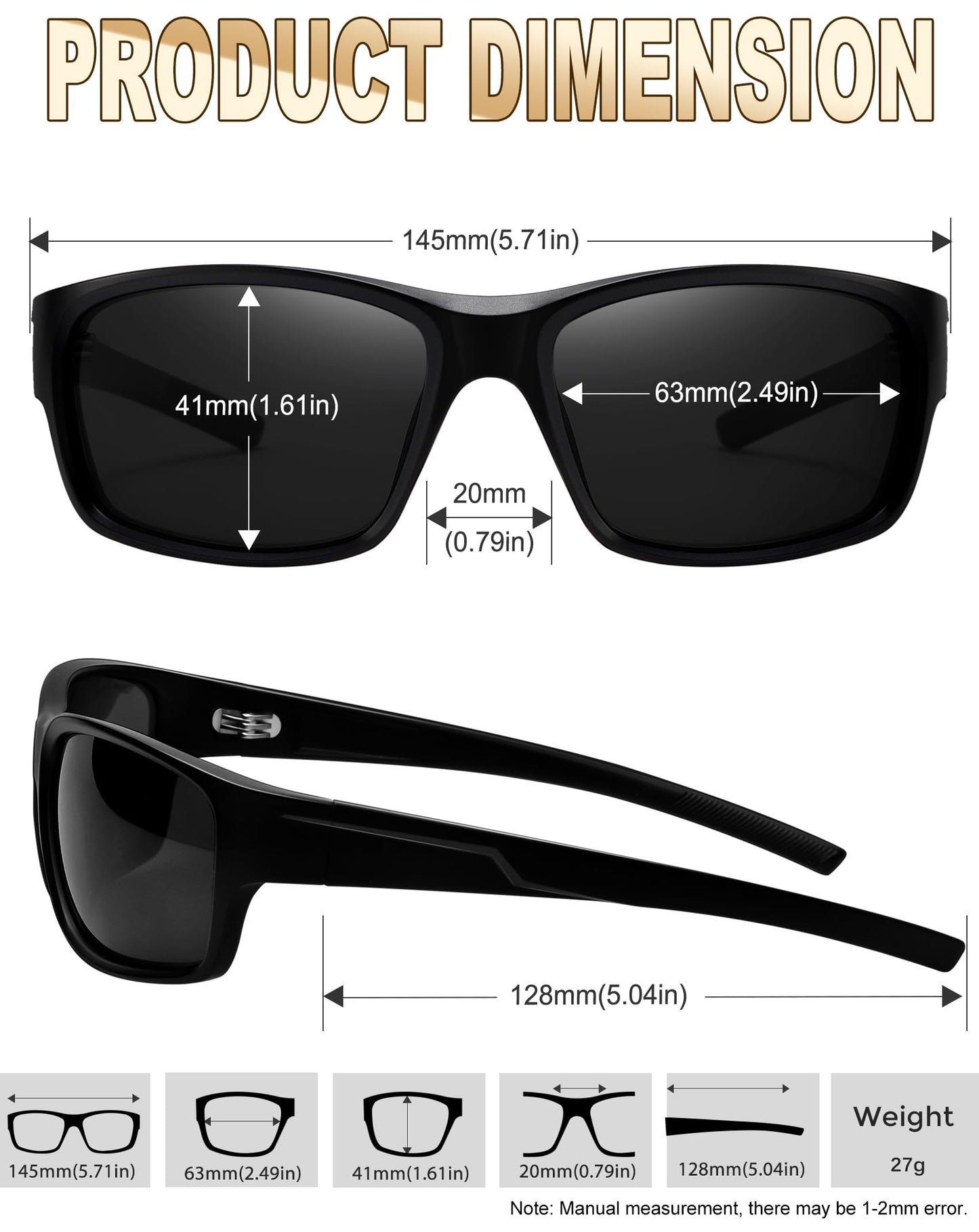 KANASTAL Square Sports Sunglasses Men Women Black Polarized UV Sunglasses