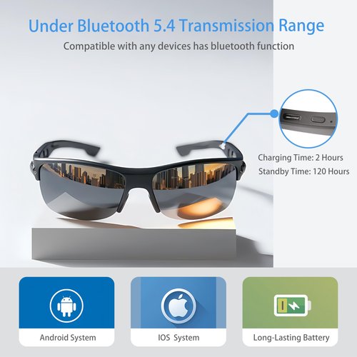 XPYDYN Bluetooth Sports Sunglasses - Smart Glasses with Built-in Audio & Speakers, Polarized UV Protection, Matte Black Frame, Smart Sunglasses for Running, Cycling, Driving, Fishing (Black)
