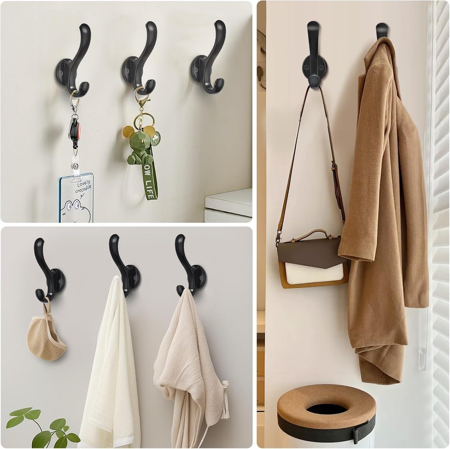 PEOIAOY 2 Pack Coat Hooks Wall Mount Heavy Duty Utility Retro Double Hooks for Hanging Coats,Hat, Towel, Key, Robe, Scarf, Bag, Cap (Black)