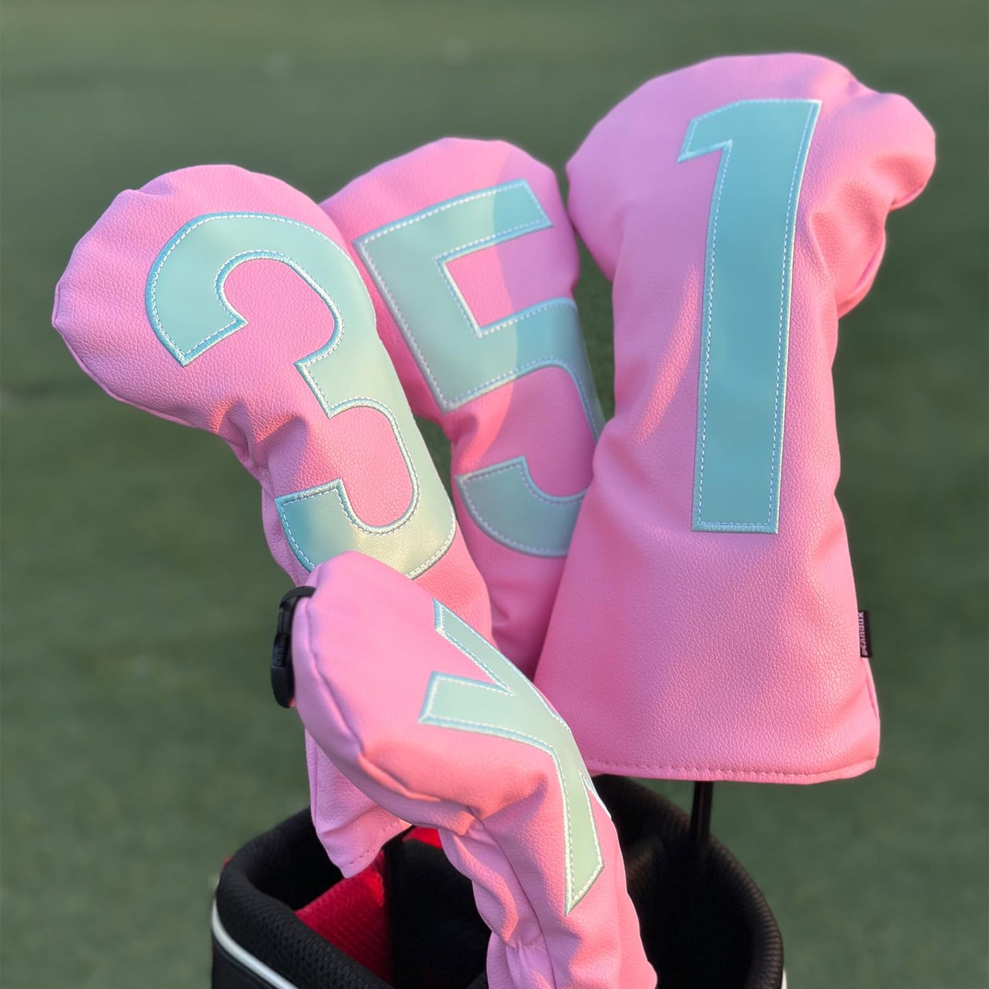 Andux 4Pack/Set PU Large Number Golf 460cc Driver Fairway Woods Hybrids Club Head Covers Pink