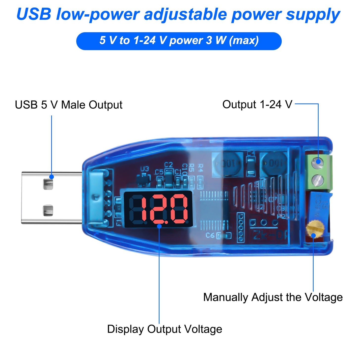 XMSJSIY DC - DC USB Buck Boost Converter Voltage Regulator 5V to 1.8V 3.3V 5V 9V 12V 24V Adjust Step Up Step Down Power Supply Module Max 3W USB Power Supply with LED Voltmeter