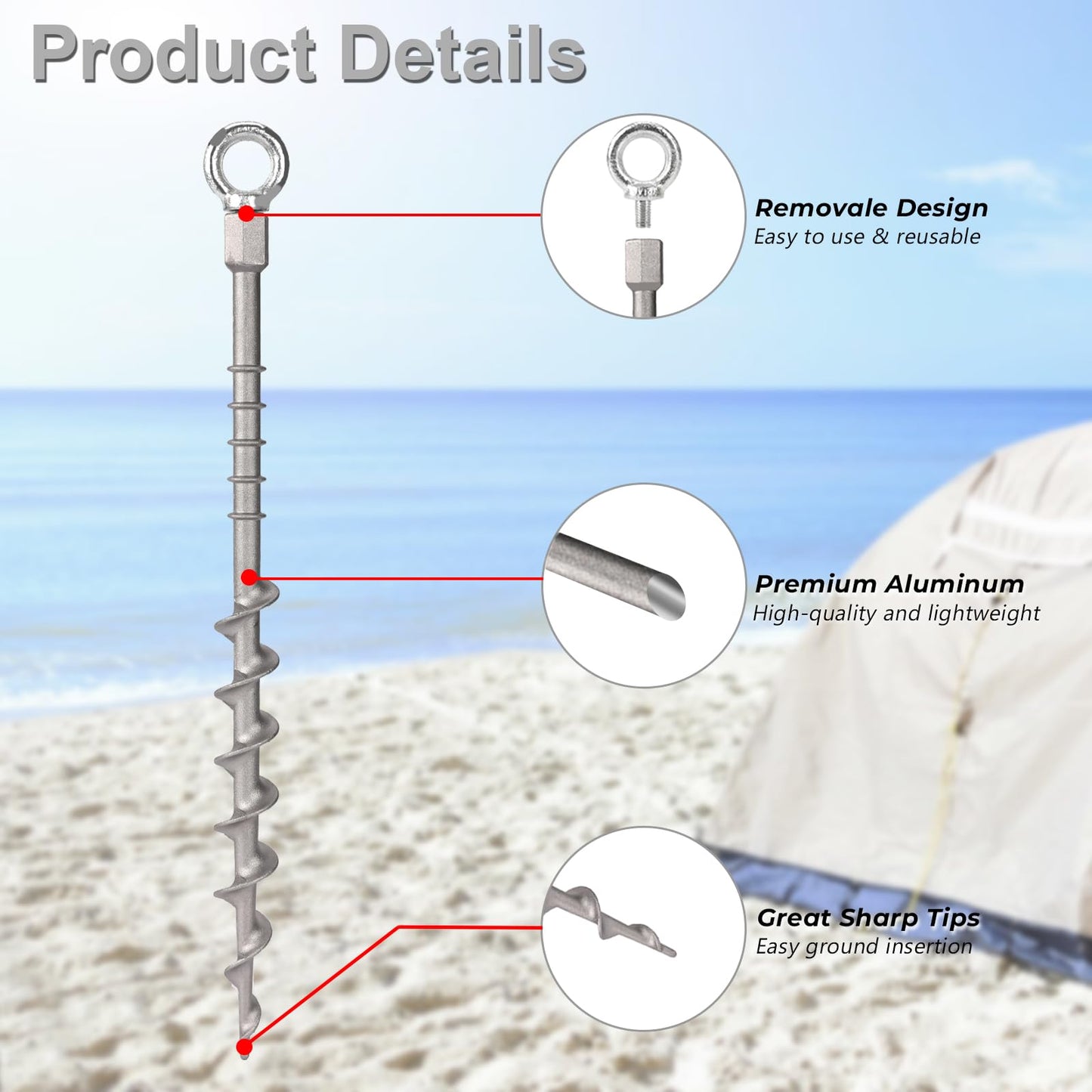 Keltrion 12 Pcs 14" Ground Anchors Screw in Spikes Non-Rust Cast Aluminum Detachable Tent Stakes for Camping Tents, Garden, Sand, Trampoline, Swing Sets and Sheds