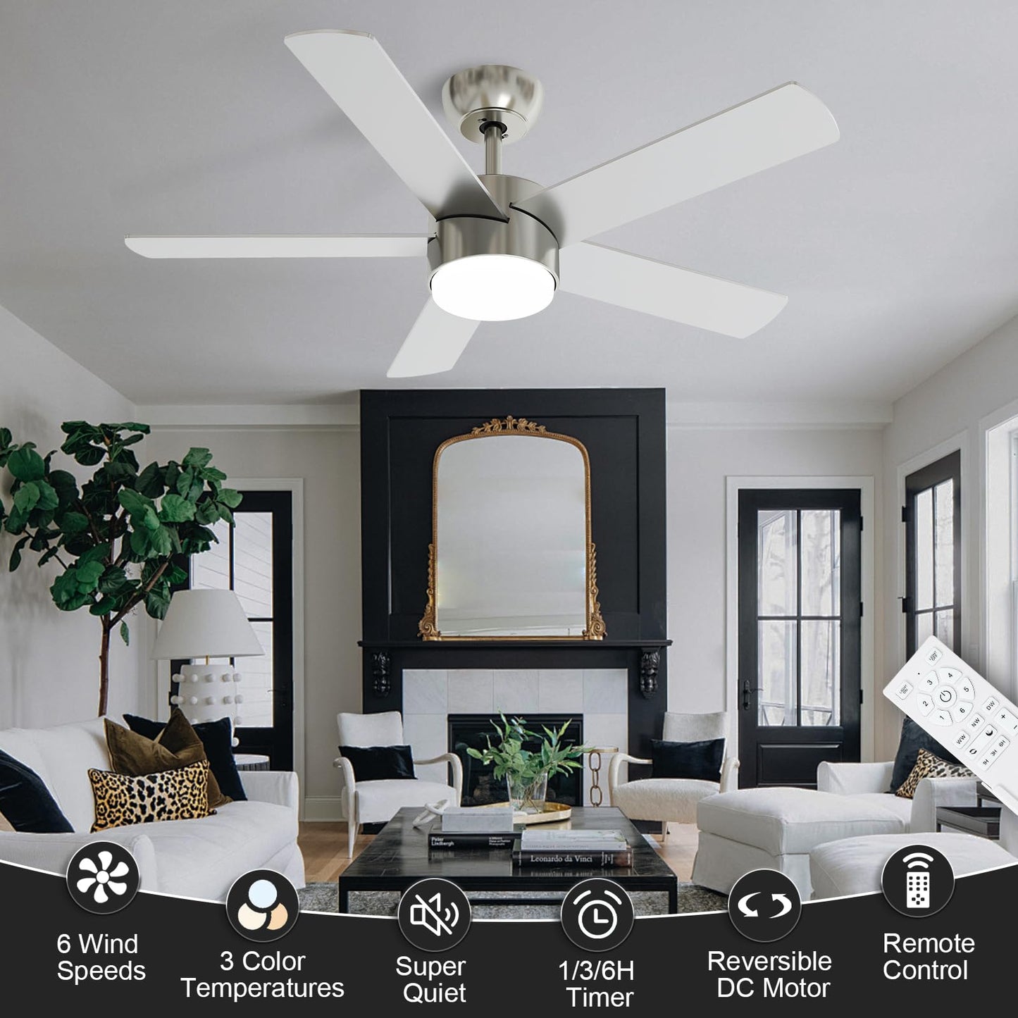 POCHFAN 42 Inch Brushed Nickel Ceiling Fans with Lights,Ceiling Fan with Remote Control,Reversible DC Motor,3 CCT 6-Speed,Noiseless Ceiling Fan for Bedroom,Living Room,Dining Room,ETL Listed