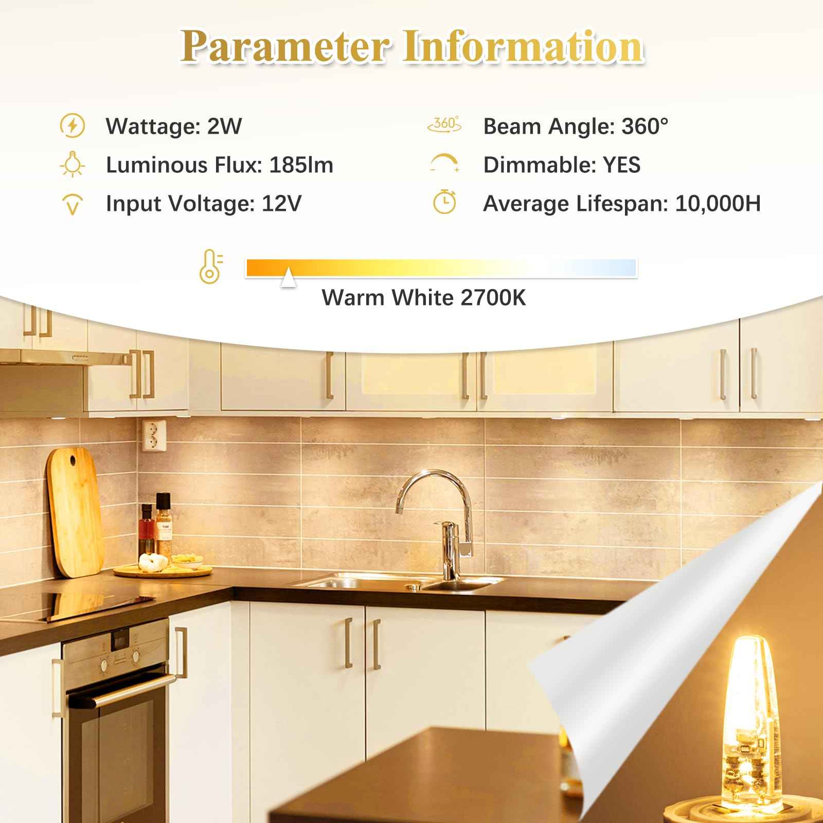 DiCUNO G4 LED Bulb Dimmable, 12V, JC Bi-Pin Base Light Bulbs 2W, Warm White 2700K, 20W T3 Halogen Replacement for Landscape Lighting, Under Cabinet Lighting, RV, Chandelier, 185 Lumen, 10-Pack