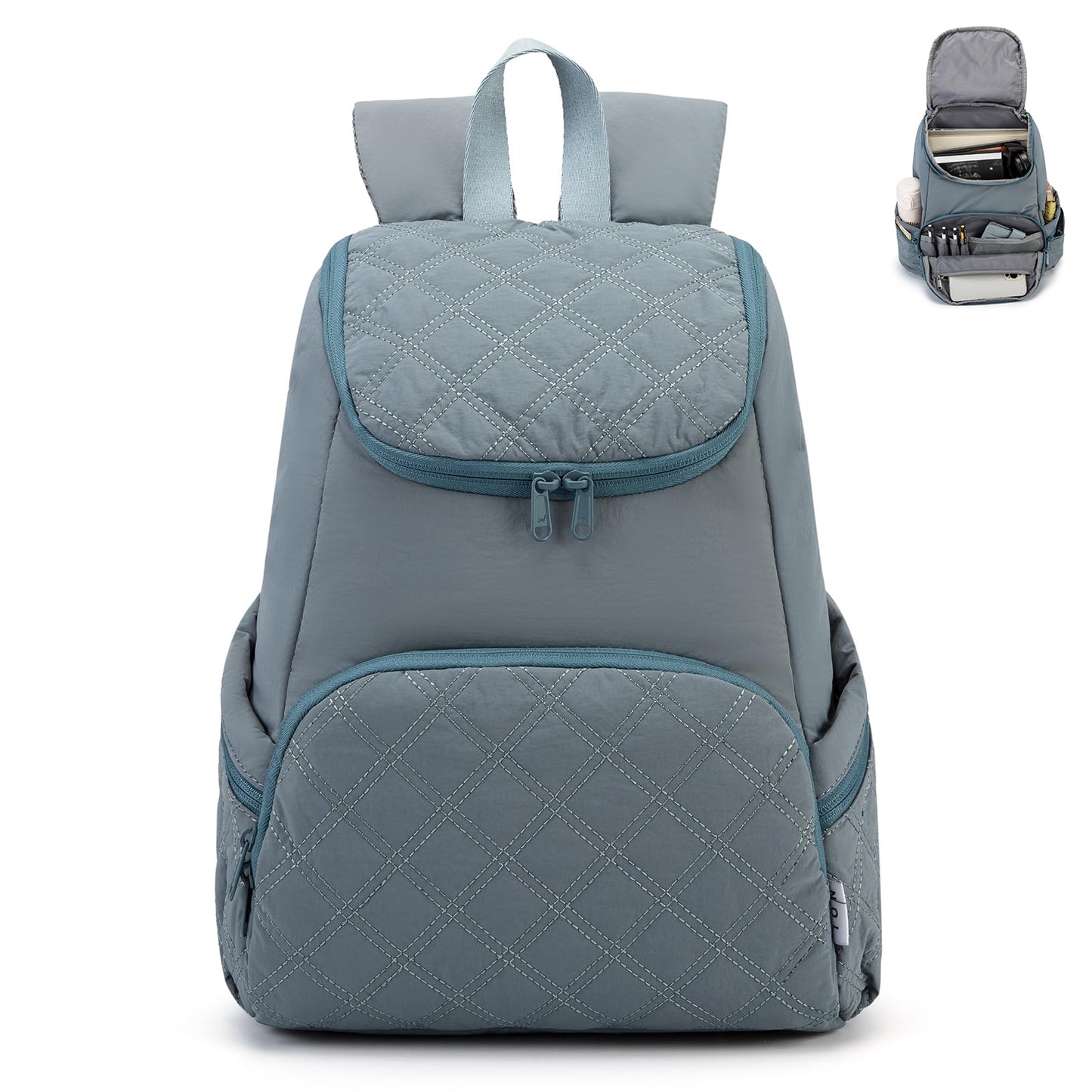 NOL Natural Organic Lifestyle Women's Quilted Puffer Backpack, Large Waterproof Lightweight Puffy Bookbag, Carry on Daypack for Travel, Work (Dusty blue)