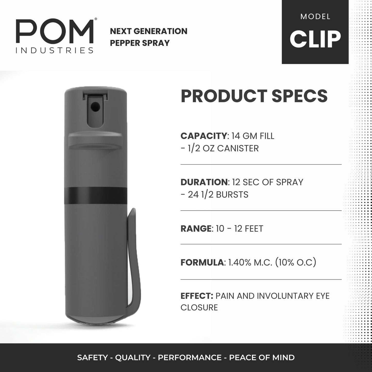 POM Pepper Spray Pocket Clip - Flip Top Safety - Maximum Strength OC Spray Self Defense - Tactical Compact & Safe Design - Quick Key Release - 25 Bursts & 10 ft Range