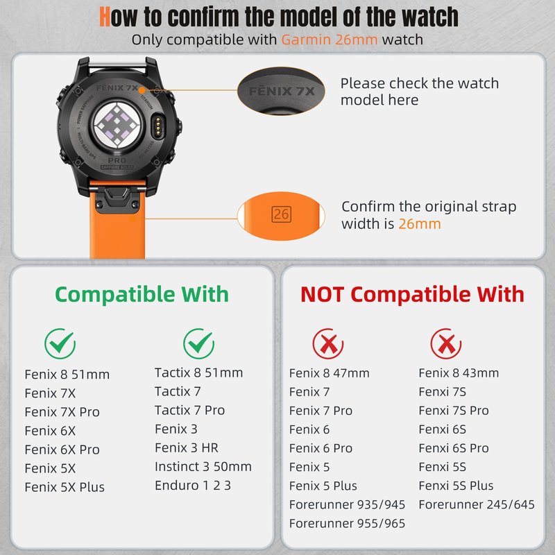Ouwegaga Compatible with Garmin Fenix 8 51mm 7X 6X 5X Watch Band, 26mm Quickfit Silicone Sport Strap for Fenix 8 Pro 51mm/7X 6X Pro/Fenix 5X Plus/Descent MK1/D2 Delta PX/D2 Charlie/Fenix 3/Fenix 3 HR