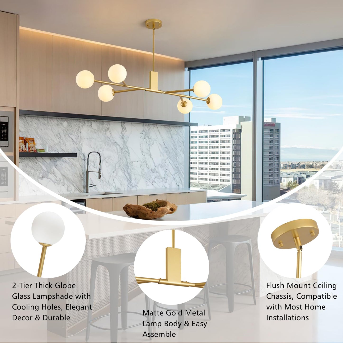 3WWWUEE Modern Gold Sputnik Island Light, 6-Light Glass Linear Chandelier for Dining Room, 46'' Ceiling Pendant Light Fixture with Globe Lampshade, Large Hanging Lamp Over Table, Bar, G9 Base