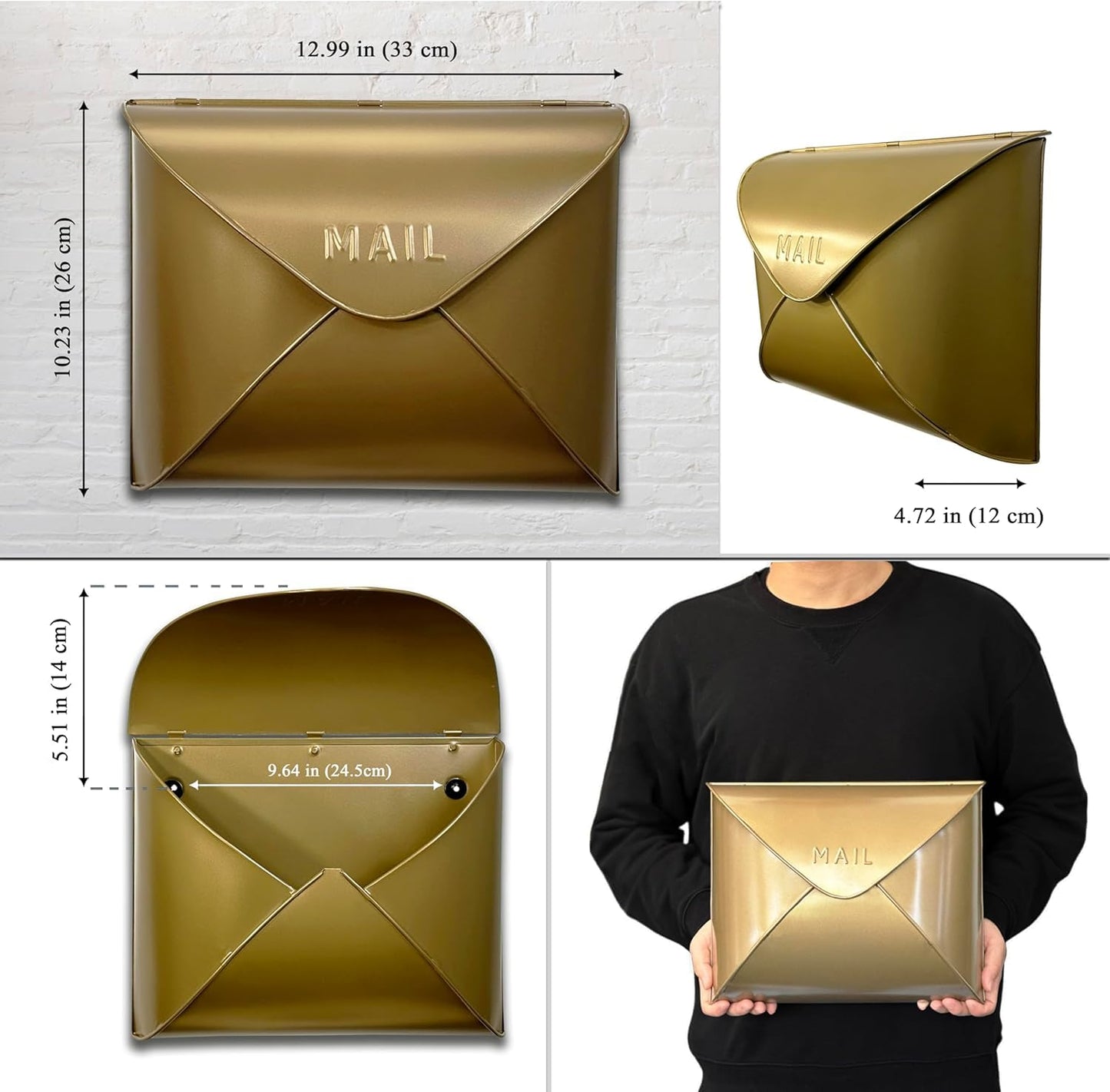 NACH Wall Mount Mailboxes for Outside, 12.5 x 5 x 10 inch Antique Brass Wall Mailboxes for Outside, Waterproof Mailboxes for Outside - Envelope Mailbox