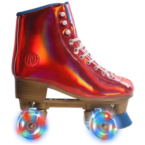 JajaHoho Roller Skates for Women, Holographic High Top Classic Rollerskates, Shiny Double-Row Blue Four Wheels Quad Skates for Girls Indoor & Outdoor (Red, Size 10)