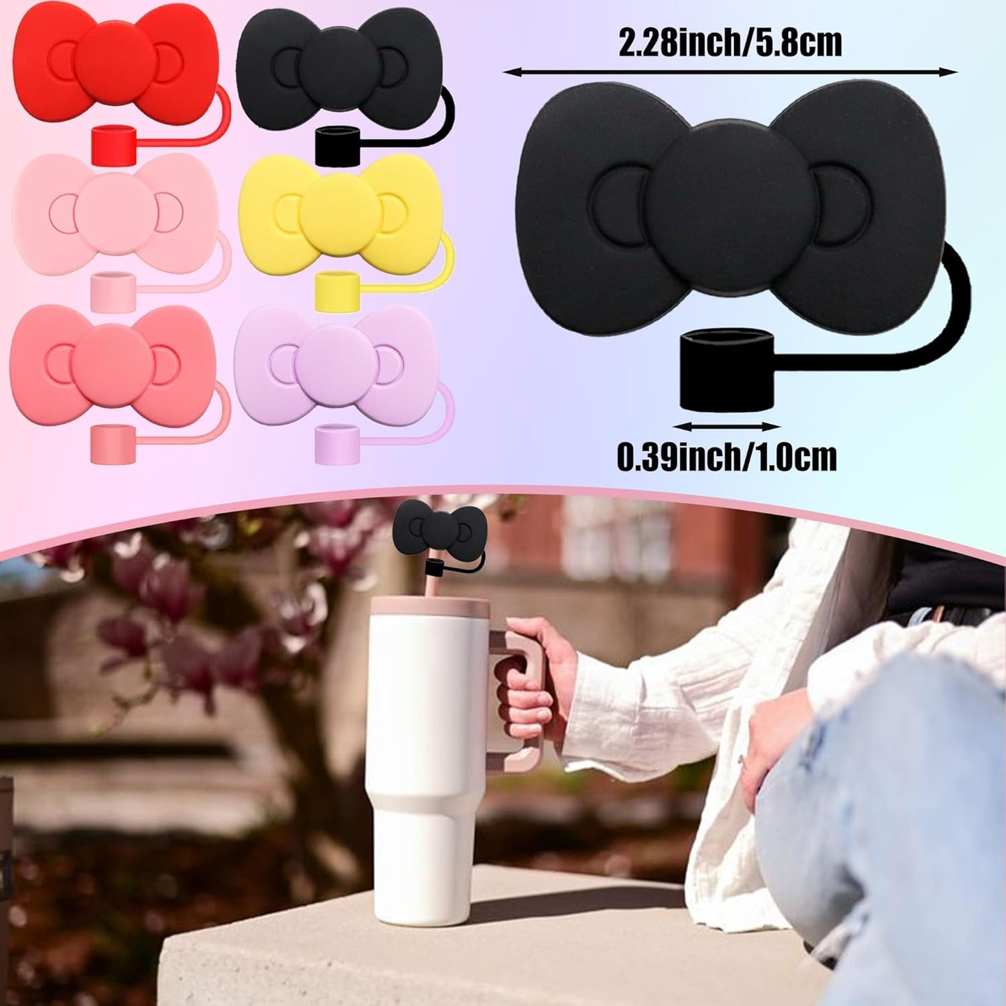 Skiennix Cute Bow Silicone Straw Toppers - 6 Bow-Shaped Covers for Stanley Cups 30 & 40 Oz | Reusable Accessories