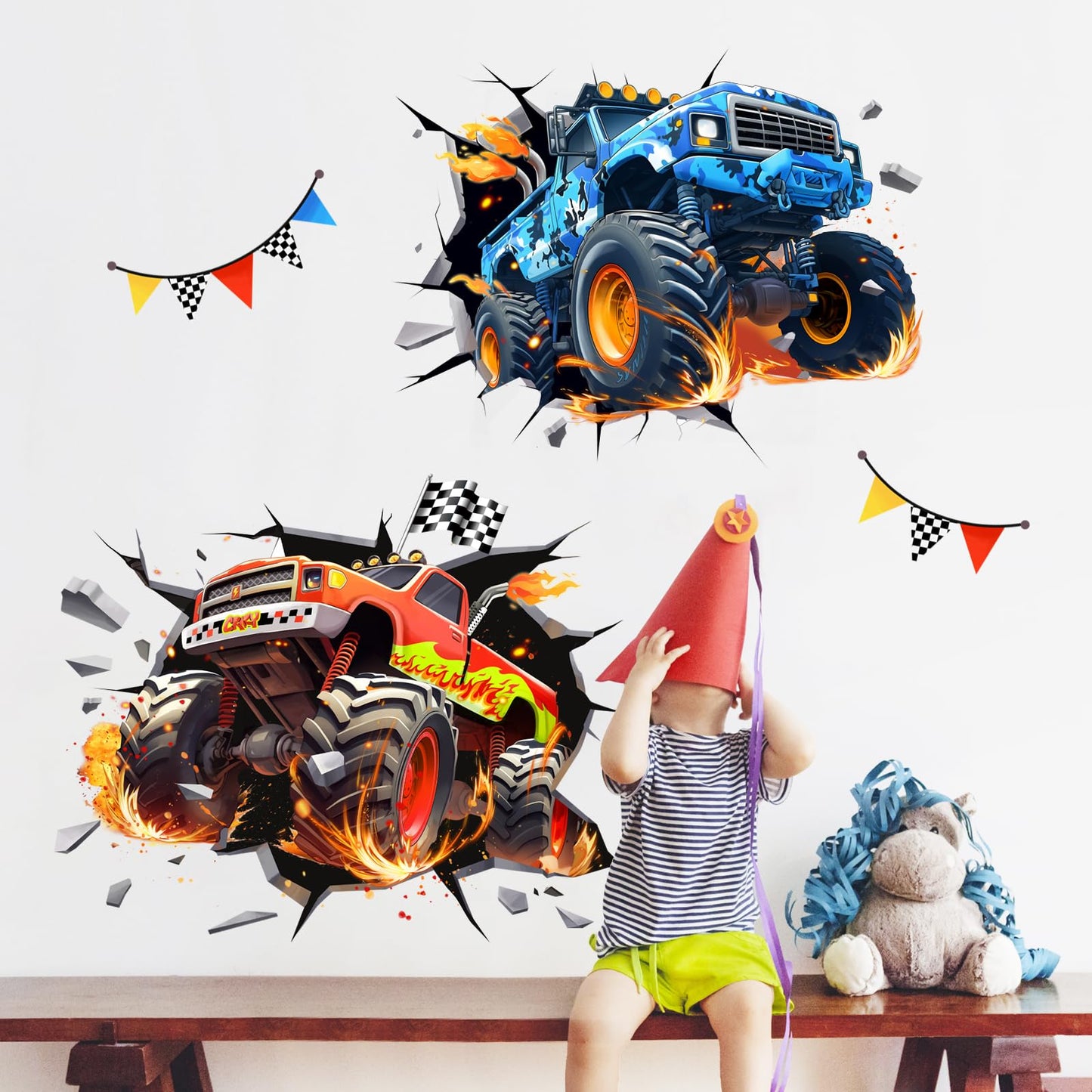 3D Crazy Racing Wall Decals, Truck Vehicles Wall Stickers Ball Games Peel and Stick Decal Self Adhesive Sticker for Boys Kids Room Home Decor