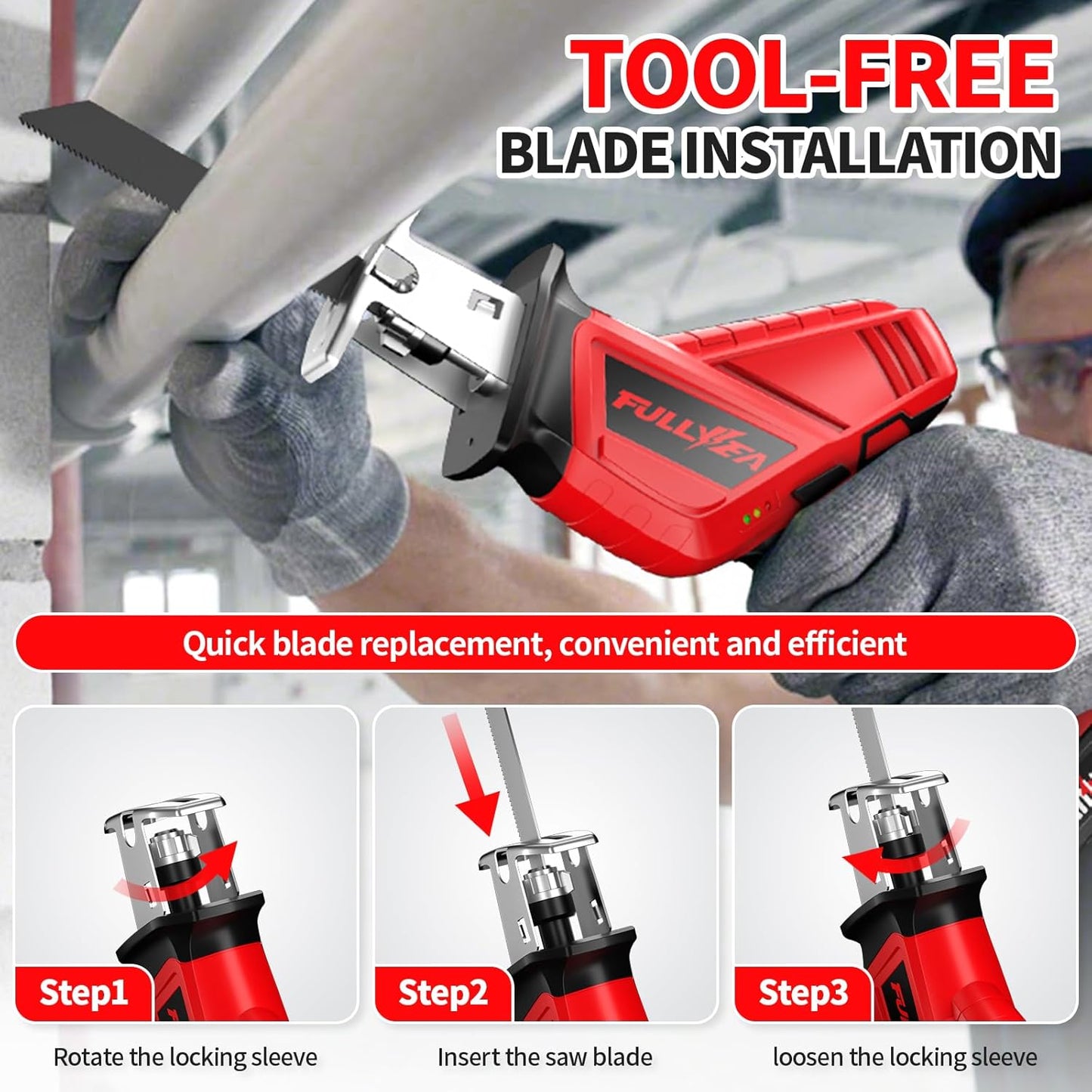 Cordless Reciprocating Saw 0-3500 SPM with 2 Batteries & 4 Blades - Tool-Free, Variable Speed for Wood, Metal, Plastic