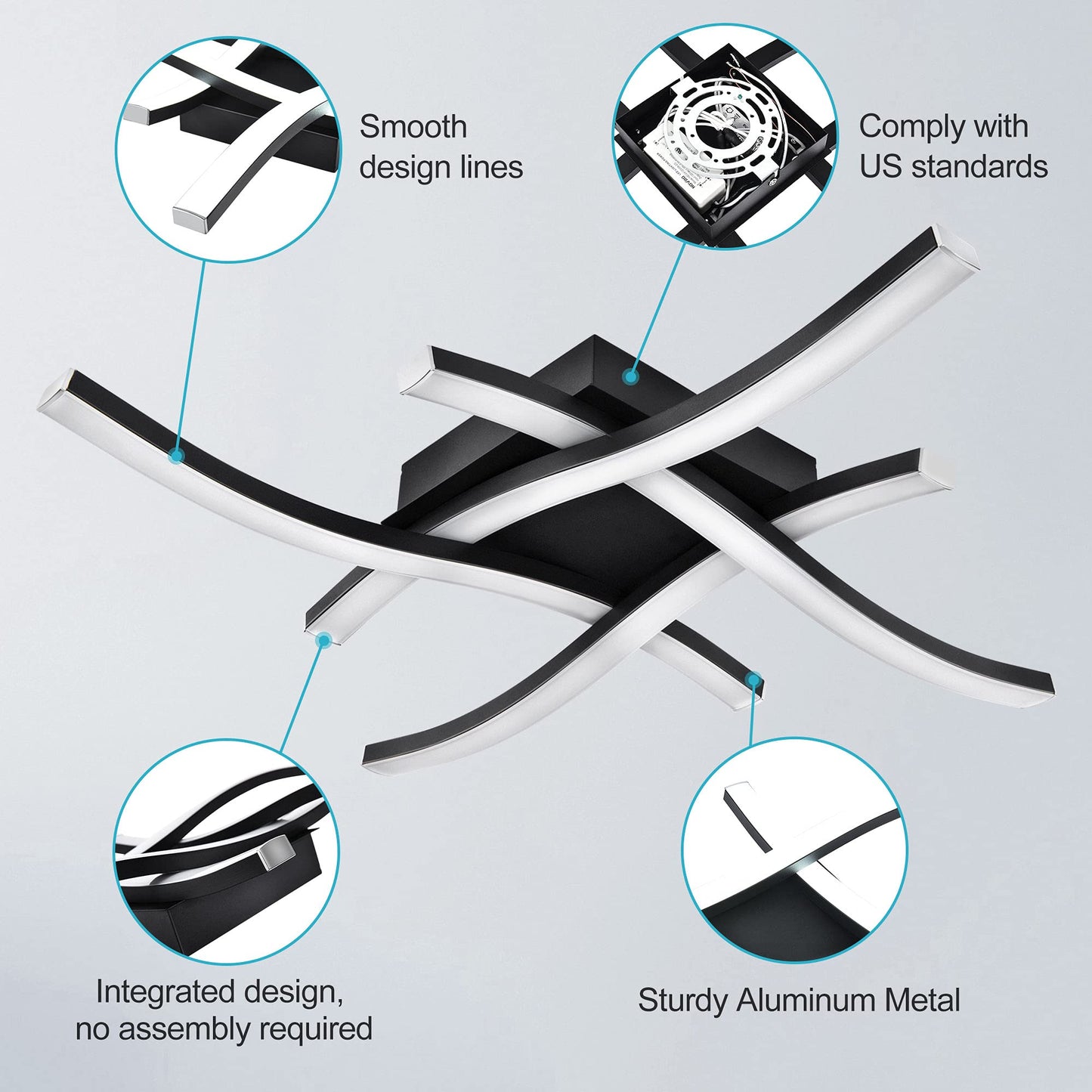 EDISLIVE Modern Dimmable LED Ceiling Light Curved 4-Light 18 in Minimalist Flush Mount Ceiling Light Fixture Lamp for Bedroom Foyer Kitchen 6000K 24W Black