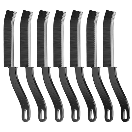 [7-Pack] Hard Bristle Crevice Cleaning Brush - Grout & Gap Crevice Brush for Window Tracks, Bathroom Corners, Kitchen Sink -Ergonomic Curved Handle Protects Hands, Cleaning Products Essential