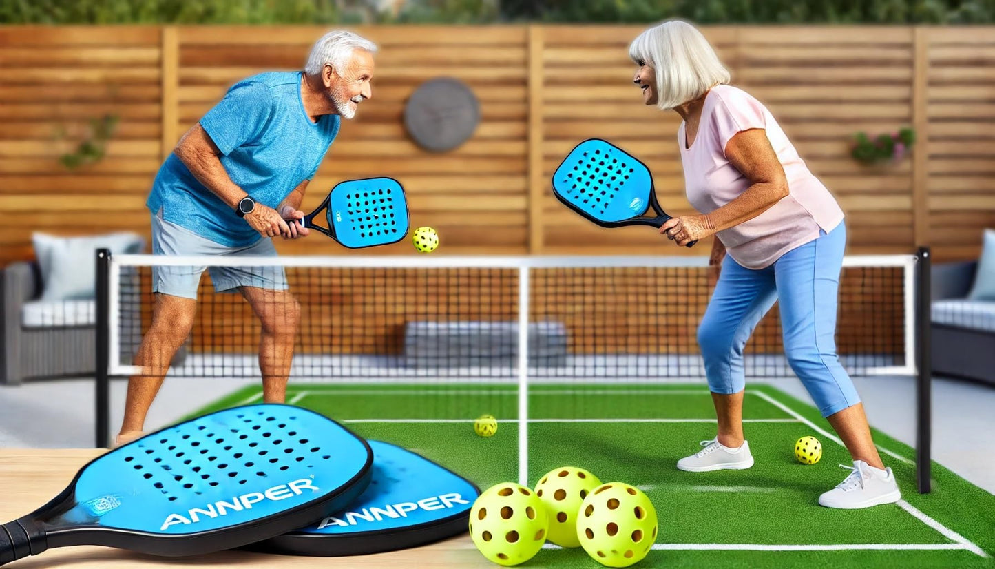 ANNPER Pickleball Paddle Set - 2 Carbon Fiber Blue Paddles, 4 Outdoor Balls | Lightweight & Durable for Beginners & Advanced Players | Premium Performance Gear(CarbonFiber Blue)