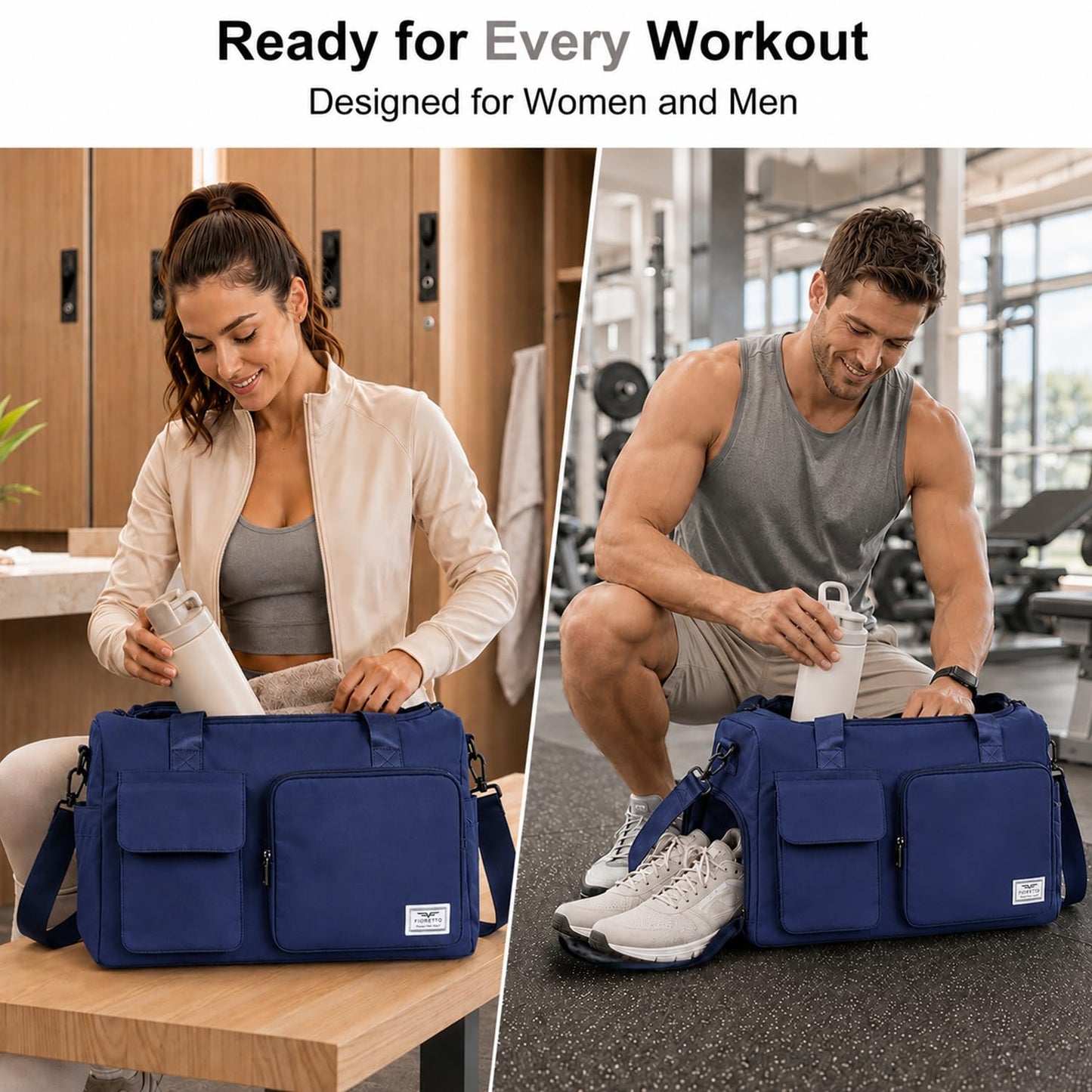 FIORETTO Women's Gym Duffle Bag with Shoes Compartment, 30L Capacity, Ideal for Travel, Gym, Sports, Duffel, Weekender, Navy Blue
