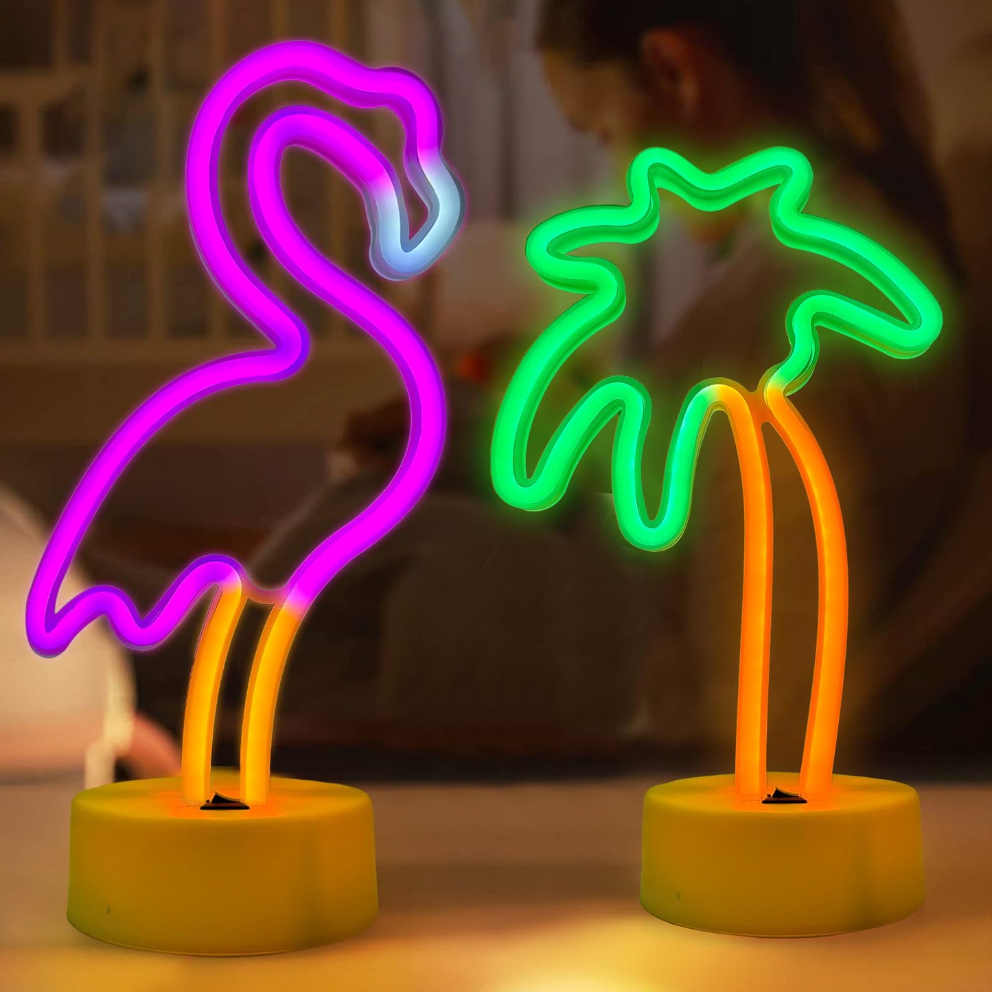 UrsaMajor 2 Pack Neon Signs, Pink Flamingo & Neon Palm Tree, USB/Battery Powered, Energy Efficient, Decor Lights for Girls Bedroom, Party, Dining Tables, Office desk, Valentine Gifts
