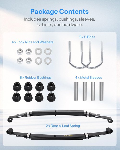 JY PERFORMANCE Golf Cart Rear Leaf Spring Kit Fits for Club Car Precedent/Onward/Tempo 2004+, 4-Leaf Leaf Spring w/Bushings Sleeves U Bolt, Replace OEM 102509301, 102513001