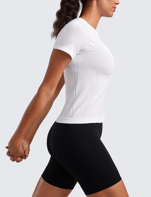 CRZ YOGA Seamless Workout Tops for Women - Breathable Short Sleeve Athletic Shirts | Waist Length