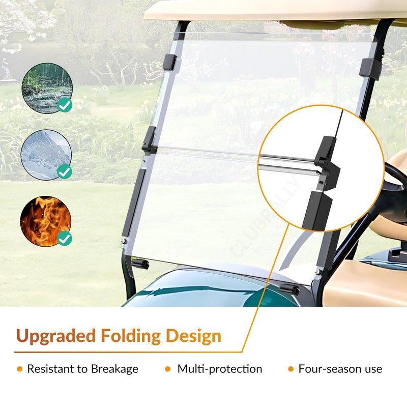 CLUBRALLY Golf Cart Windshield, Fold Down and Anti-UV Windshield Kit for 2004-Up Club Car Precedent/ Tempo/ Onward Golf Cart, 37.5"W X 31.9"H, Clear