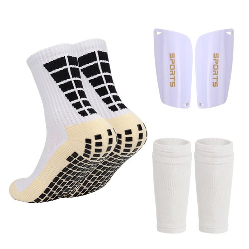 Football Socks with Shin Guard for Men, 1 Pairs Mens Grip Soccer Socks and Shin Sleeves with 1 Pairs Shin Guards, Football Game Set, Soccer Equipment Shin Sleeves with Pads for Adults(White)