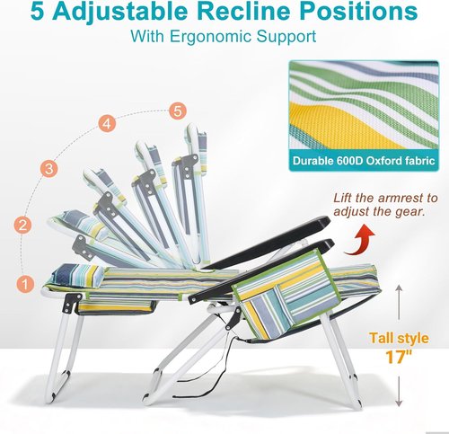 ABORON 17" Tall Folding Beach Chair - 5-Position Recline, Heavy Duty 600D Fabric & Cooler Bag